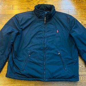 Polo Ralph Lauren Men’s Navy Zip Jacket — Fleece Lined + Stowaway Hood Red Logo